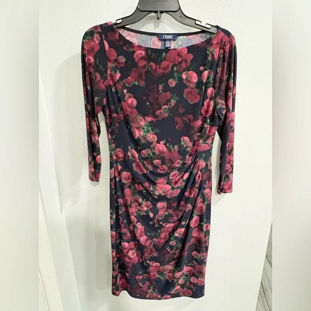 Chaps Navy and Pink Floral Dress Drape Front With 3/4 Sleeve.